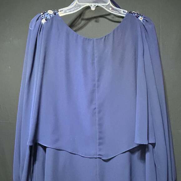 S.L. Fashions Navy Blue Tiered Chiffon Cocktail Dress with Beaded Shoulders  and